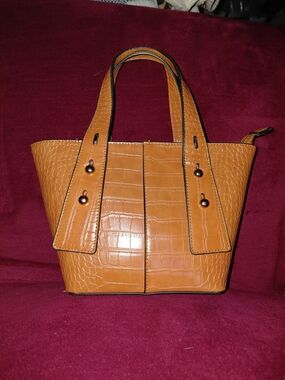 Kate Landry Croc-Embossed Cognac Tote with Gold Accents